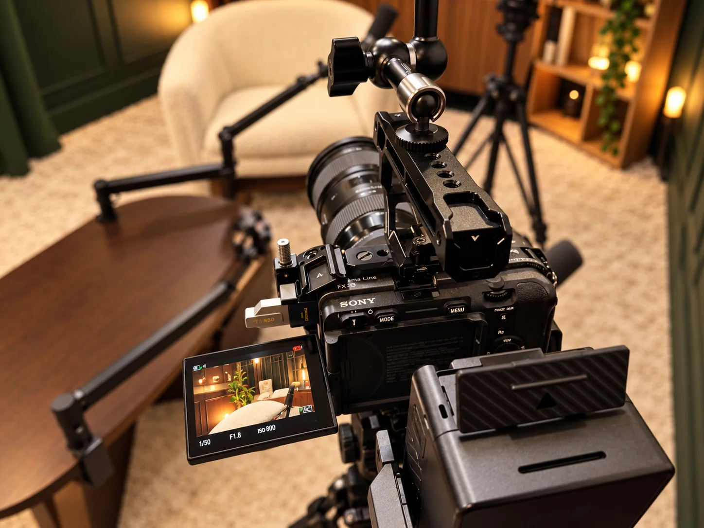 Close-up of a Sony cinema camera with the studio set visible on its monitor
