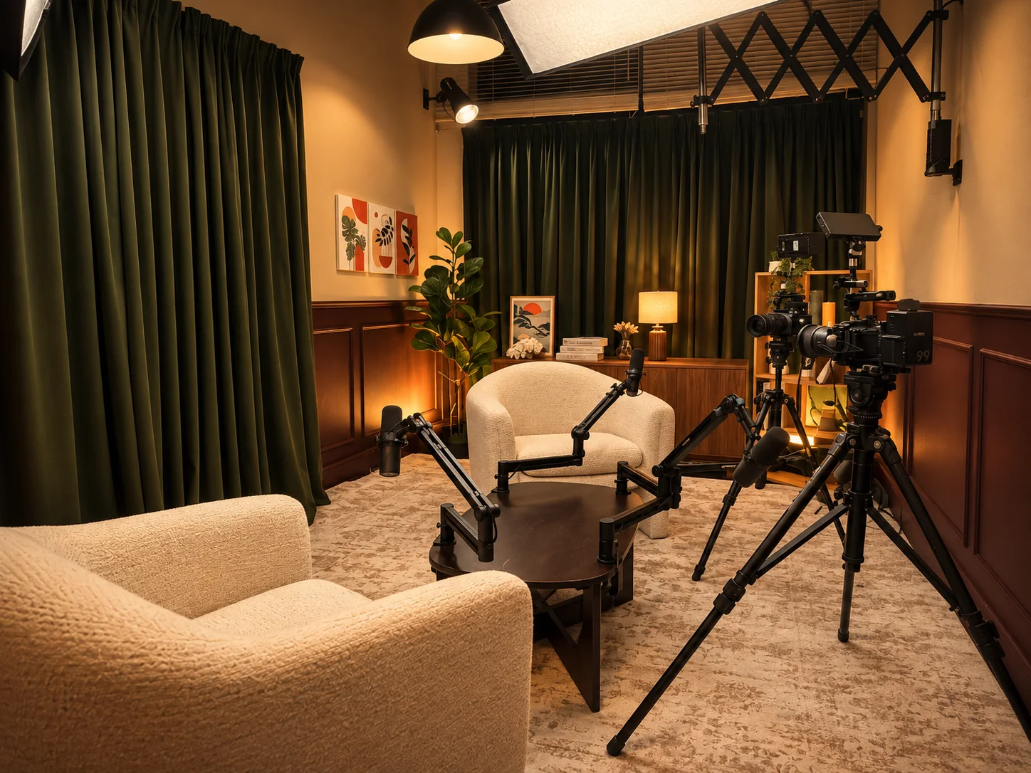 The warmly lit studio with cream armchairs, microphones, cameras and overhead lighting